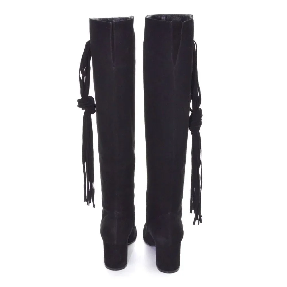 Diane B. Black Suede Fringe Over the Knee Boots 37 New